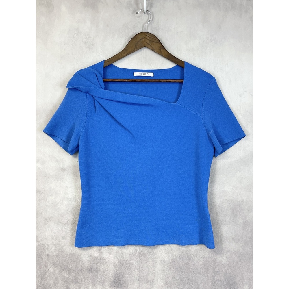 The Fold London Asymmetric Draped Knit Top Women Large Blue Stretch Minimalist